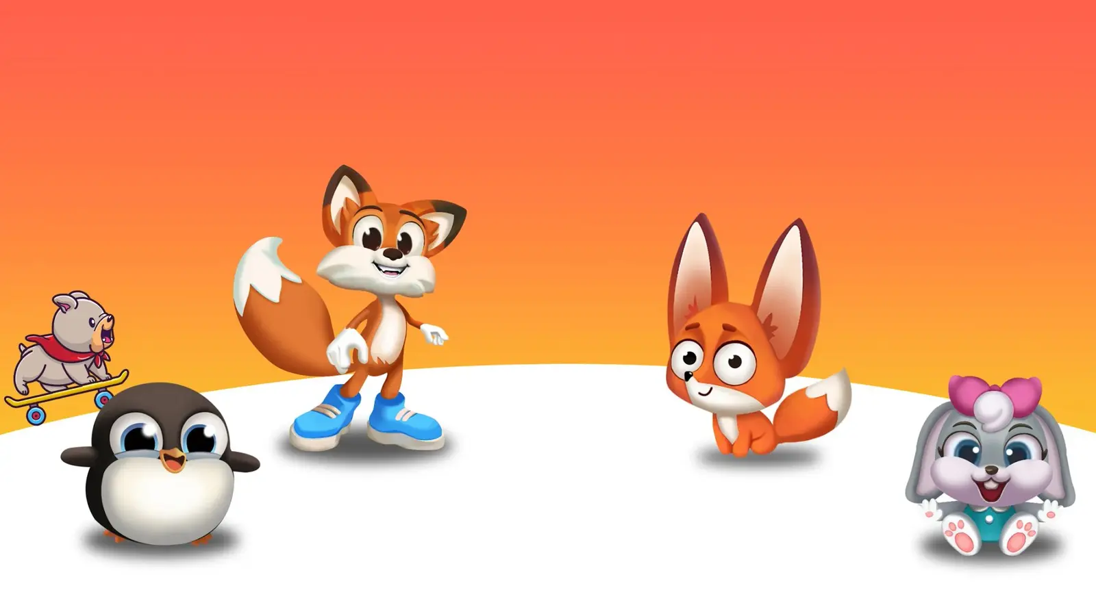 The Tumb Games characters: a fox in blue sneakers, a big-eared fox kit, a penguin, a bunny and a bulldog on a skateboard