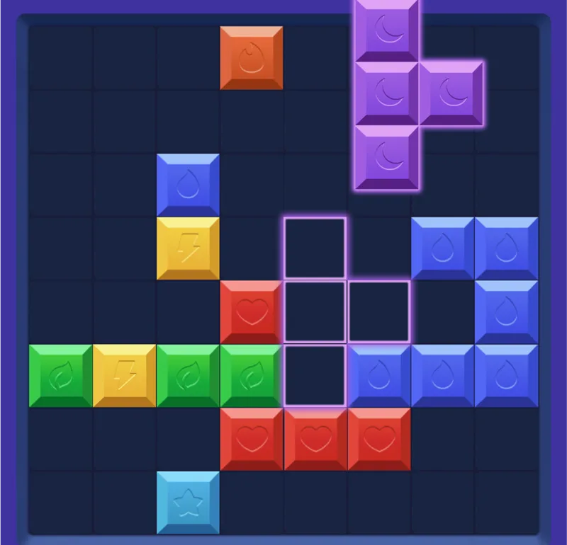 An 8x8 block puzzle grid with scattered blocks and small single-cell gaps between them