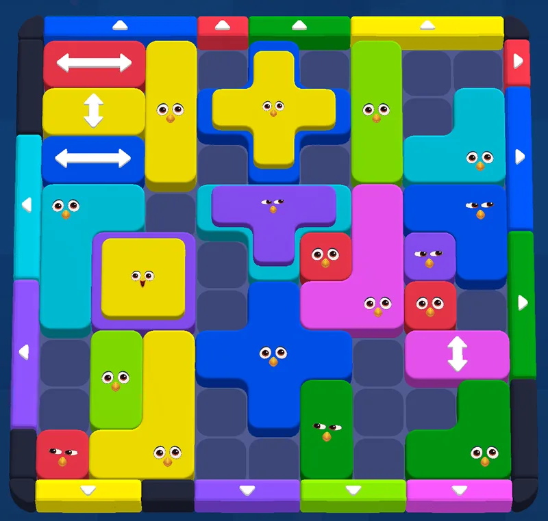 A Block Slide board crowded with coloured blocks, with matching coloured doors on all four edges