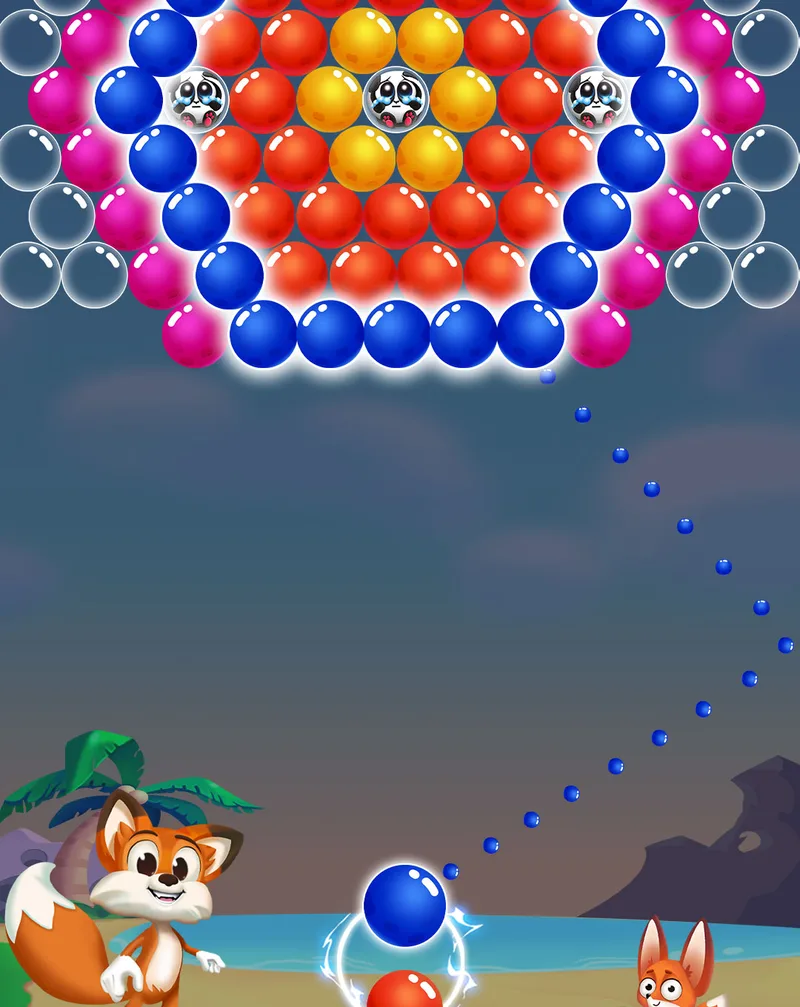 Aiming line showing a blue bubble about to bounce off the right wall toward a hanging cluster