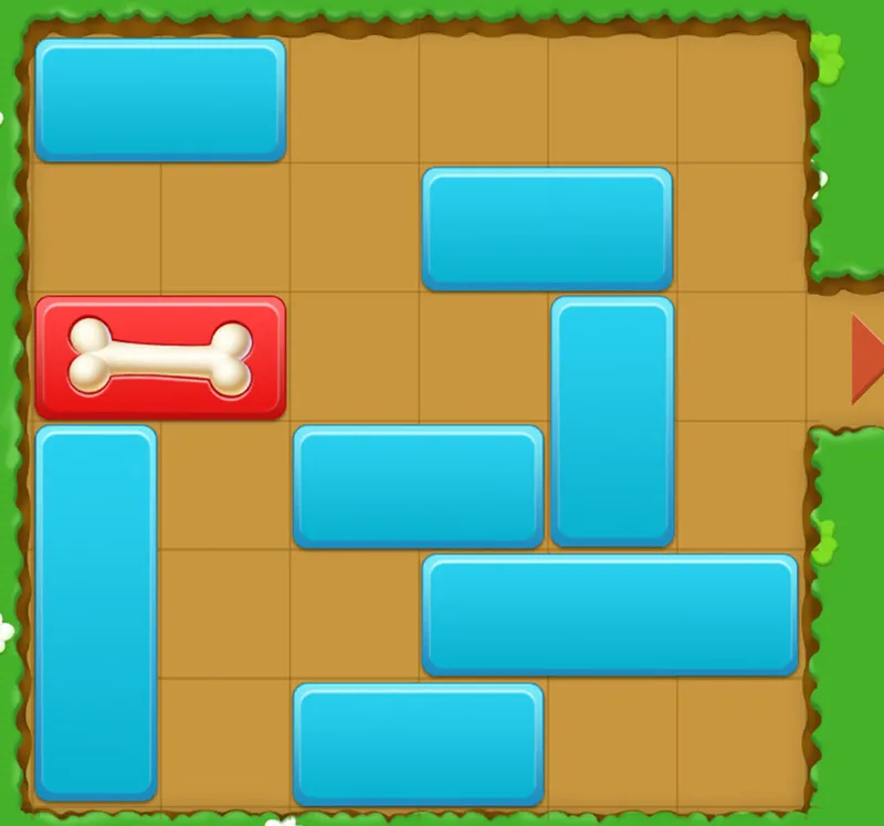 A Block Escape board with the red bone block on the exit row, its lane blocked by a vertical piece