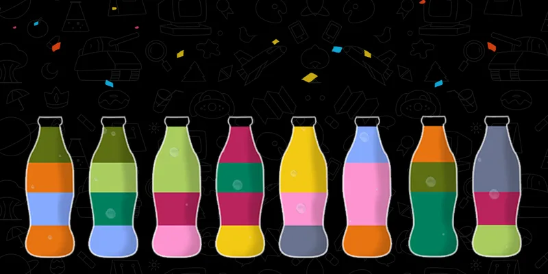 A water sort puzzle starting board with mixed colours across eight bottles